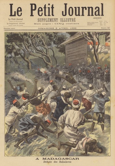 French troops fighting off an attack by Sakalava raiders in Madagascar by French School